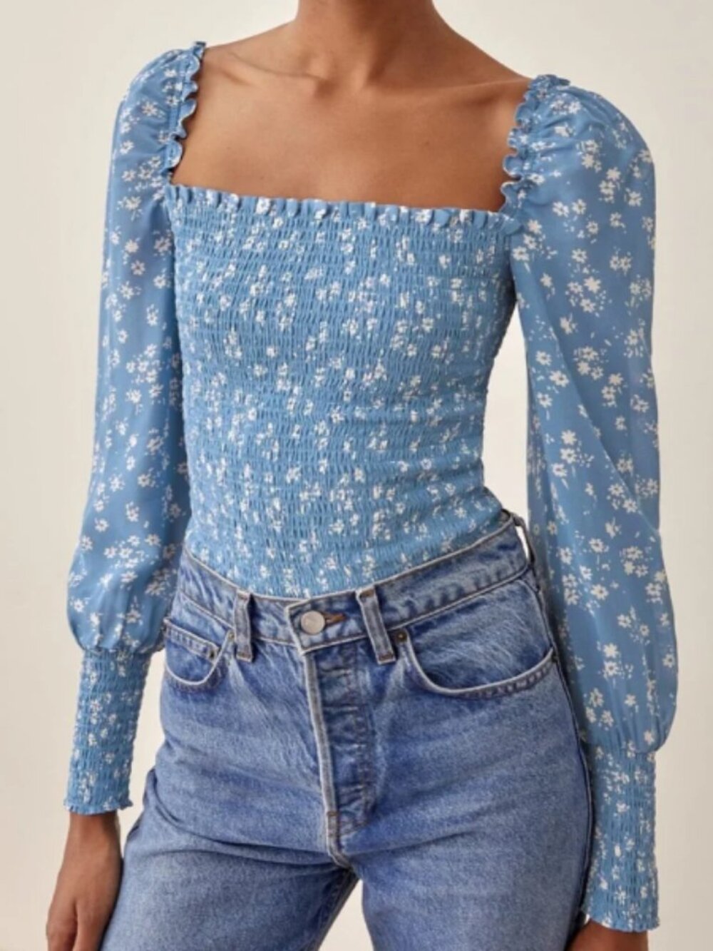REFORMATION Pinto Blue Smocked White Floral Top L